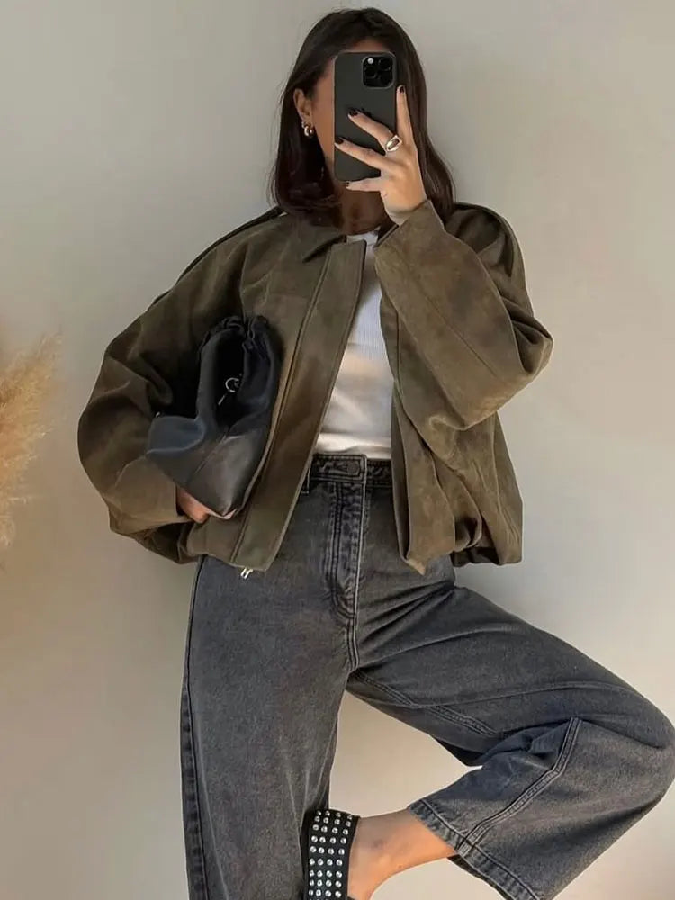 Suede Bomber Jacket – Brown/Green Lapel Zip Casual Motorcycle Coat for Women