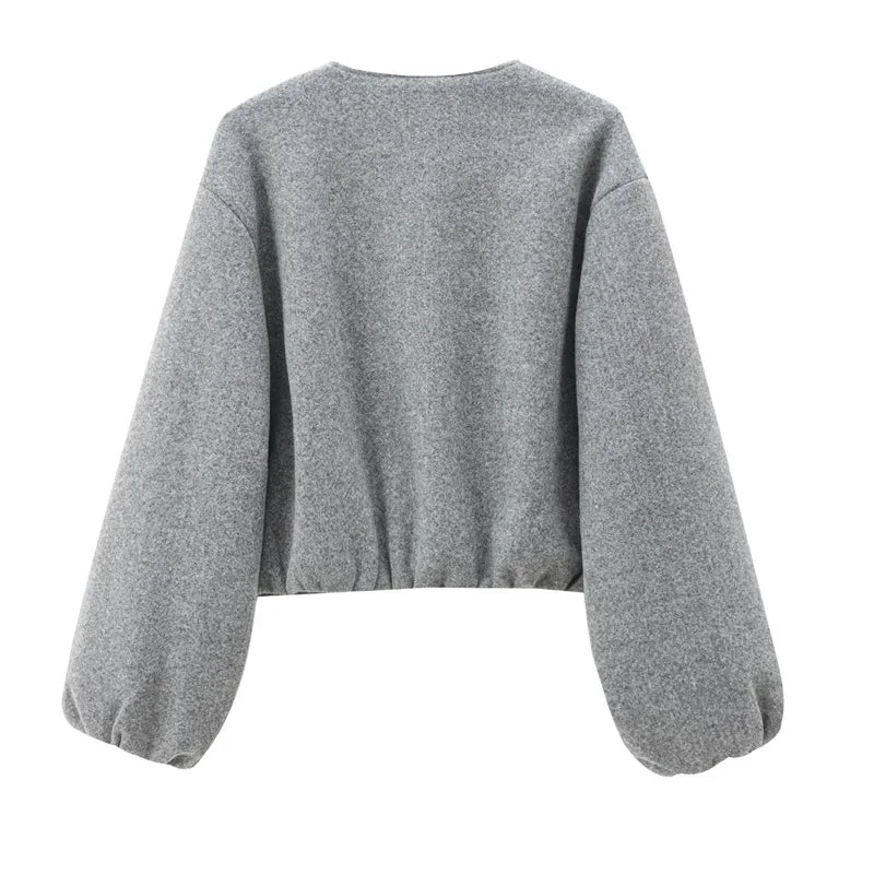 Cropped Bomber Jacket – Faux Wool Zip-Up Coat for Women (Gray/Beige)