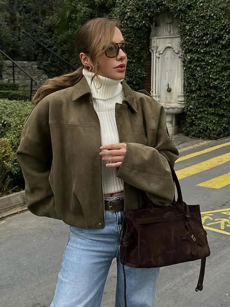 Suede Bomber Jacket – Brown/Green Lapel Zip Casual Motorcycle Coat for Women