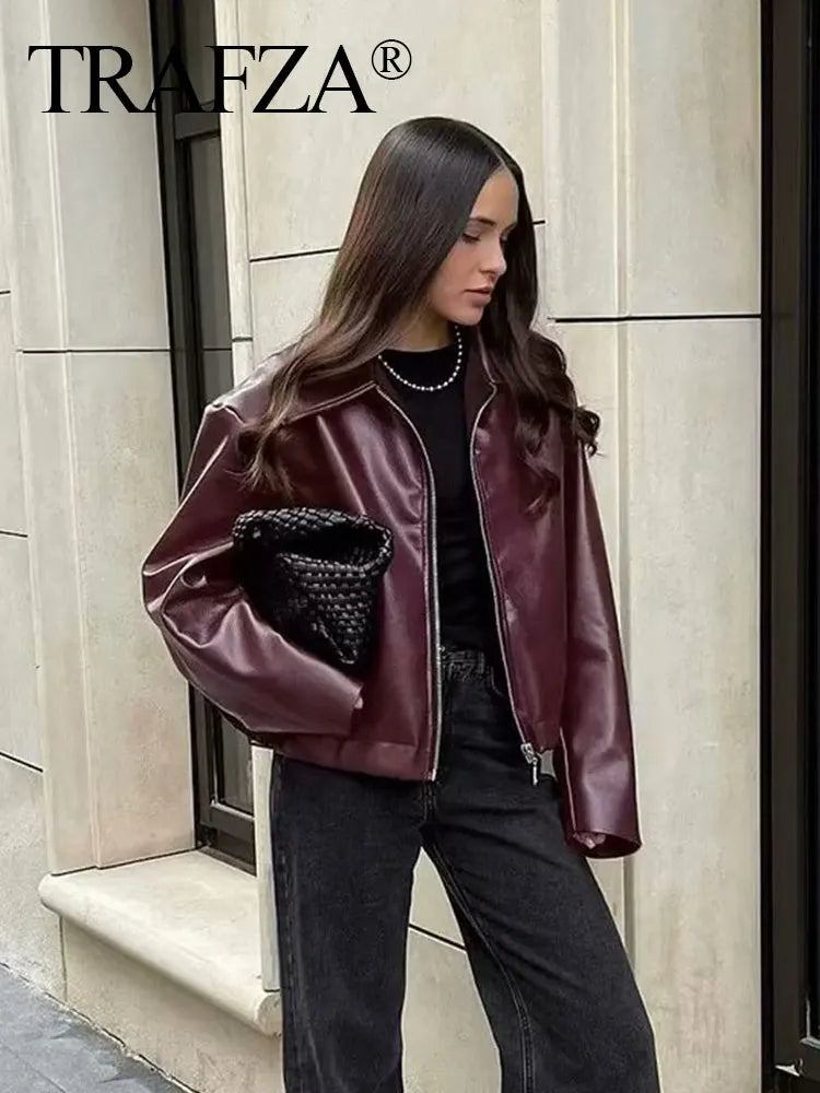 Wine Red Faux Leather Jacket – PU Lapel Zip-Up Coat for Autumn/Winter Streetwear