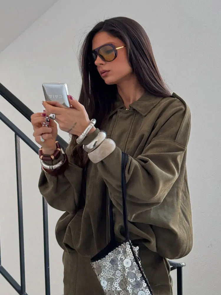 Suede Bomber Jacket – Brown/Green Lapel Zip Casual Motorcycle Coat for Women