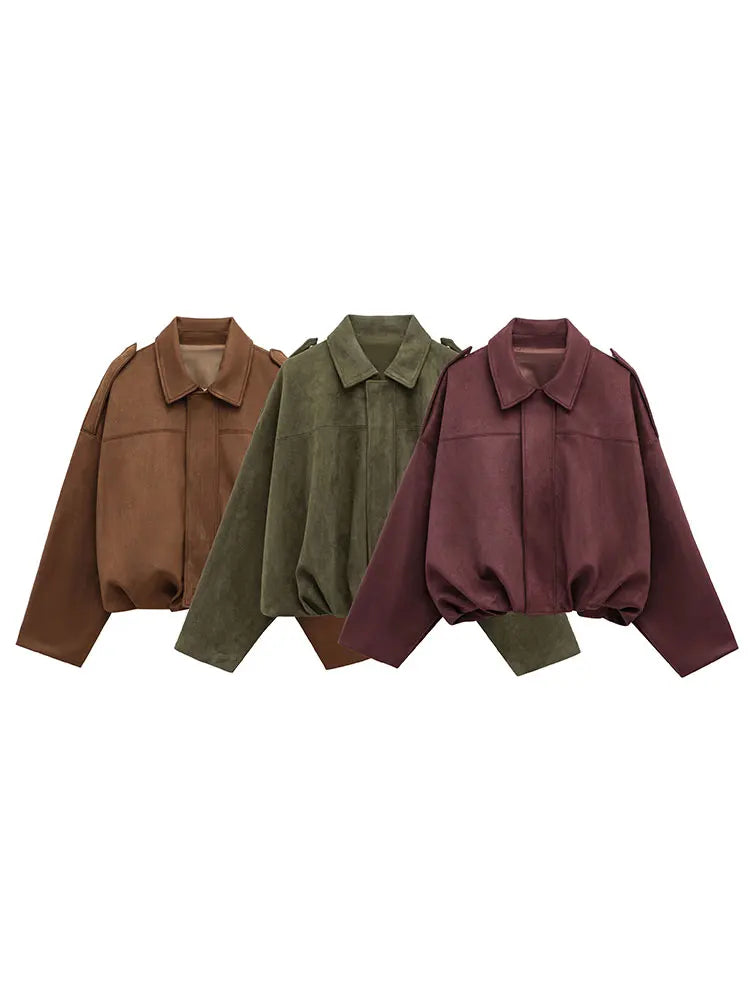 Suede Bomber Jacket – Brown/Green Lapel Zip Casual Motorcycle Coat for Women