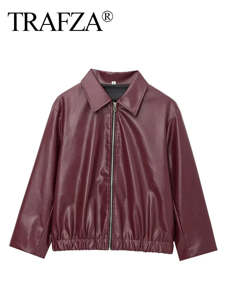 Wine Red Faux Leather Jacket – PU Lapel Zip-Up Coat for Autumn/Winter Streetwear