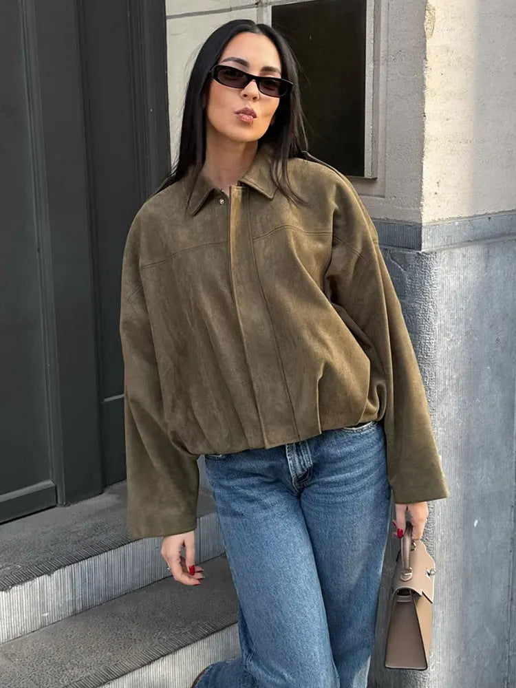 Suede Bomber Jacket – Brown/Green Lapel Zip Casual Motorcycle Coat for Women