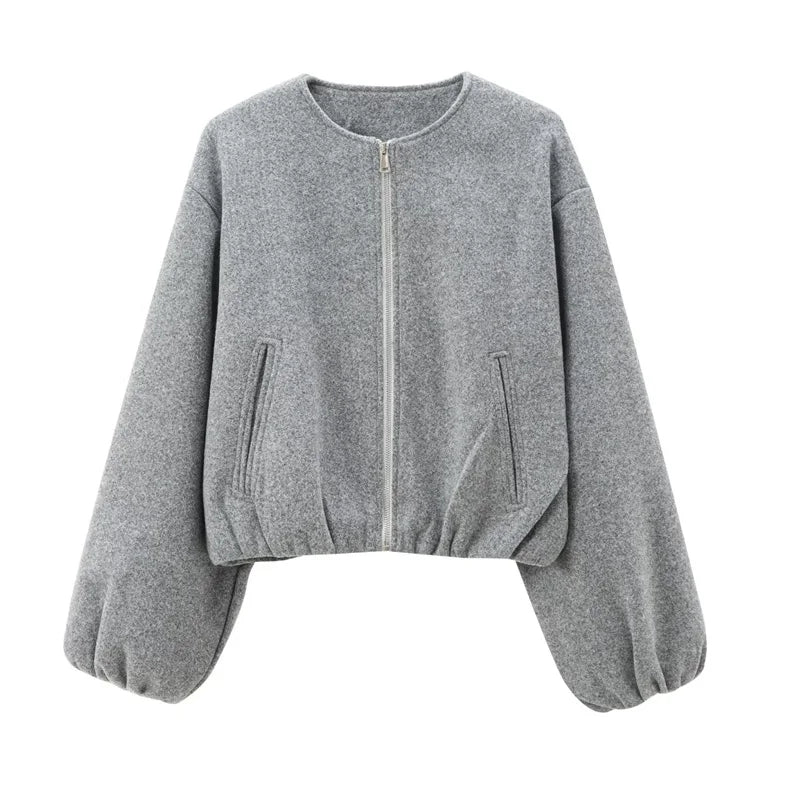Cropped Bomber Jacket – Faux Wool Zip-Up Coat for Women (Gray/Beige)