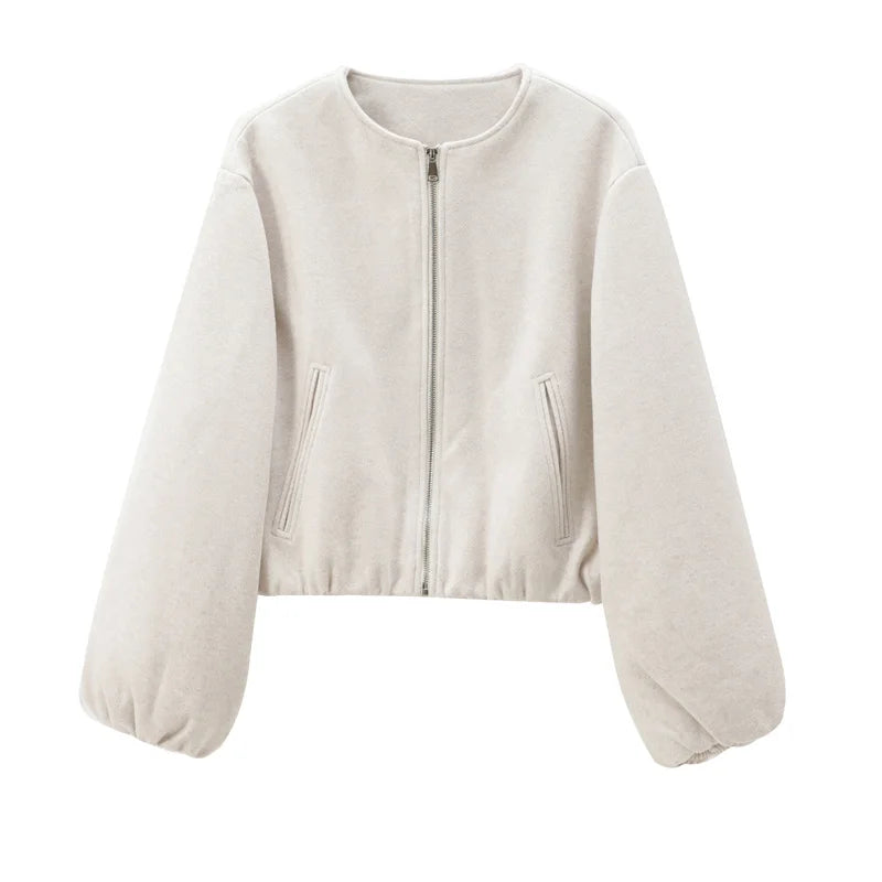Cropped Bomber Jacket – Faux Wool Zip-Up Coat for Women (Gray/Beige)