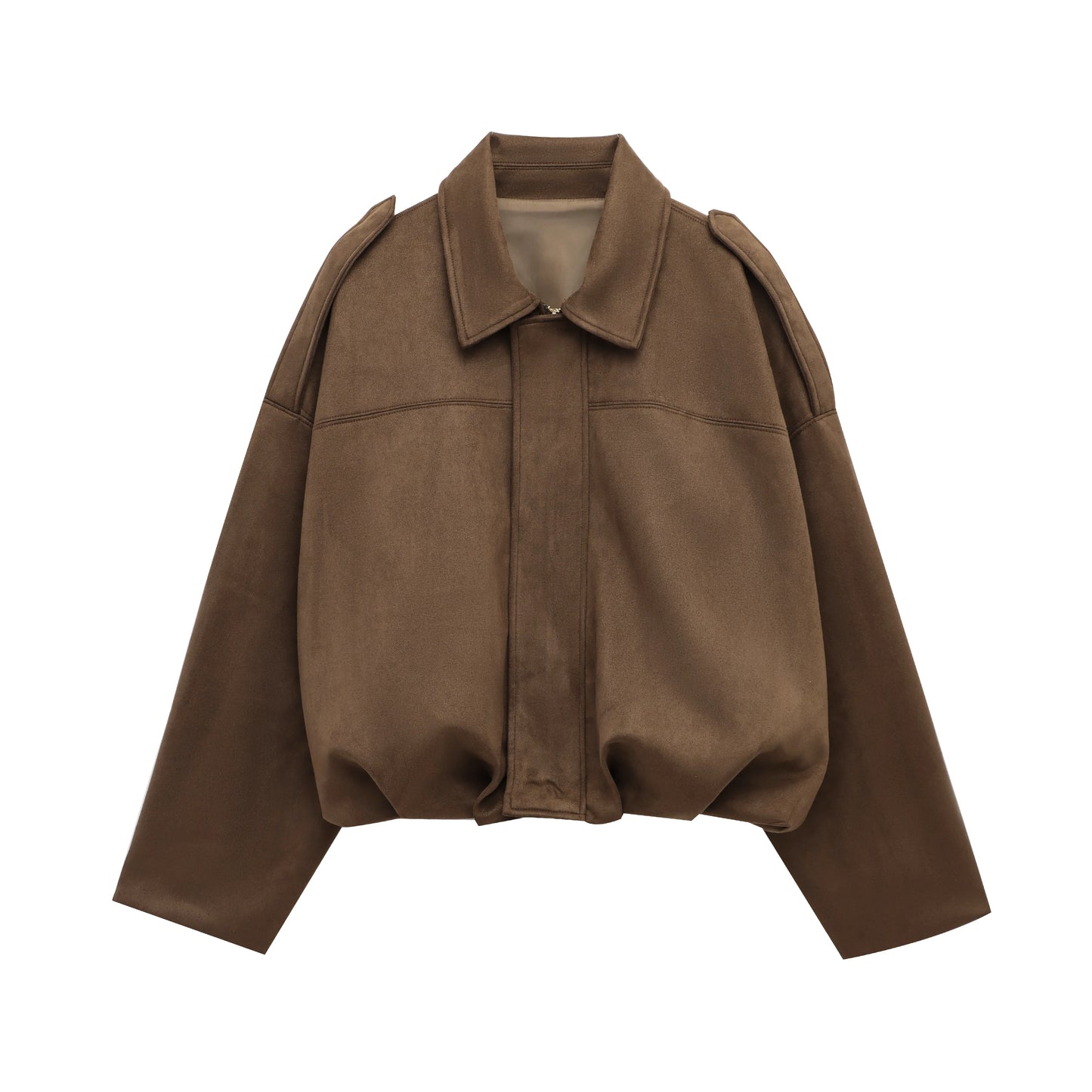 Suede Bomber Jacket – Brown/Green Lapel Zip Casual Motorcycle Coat for Women