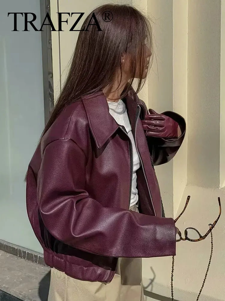 Wine Red Faux Leather Jacket – PU Lapel Zip-Up Coat for Autumn/Winter Streetwear