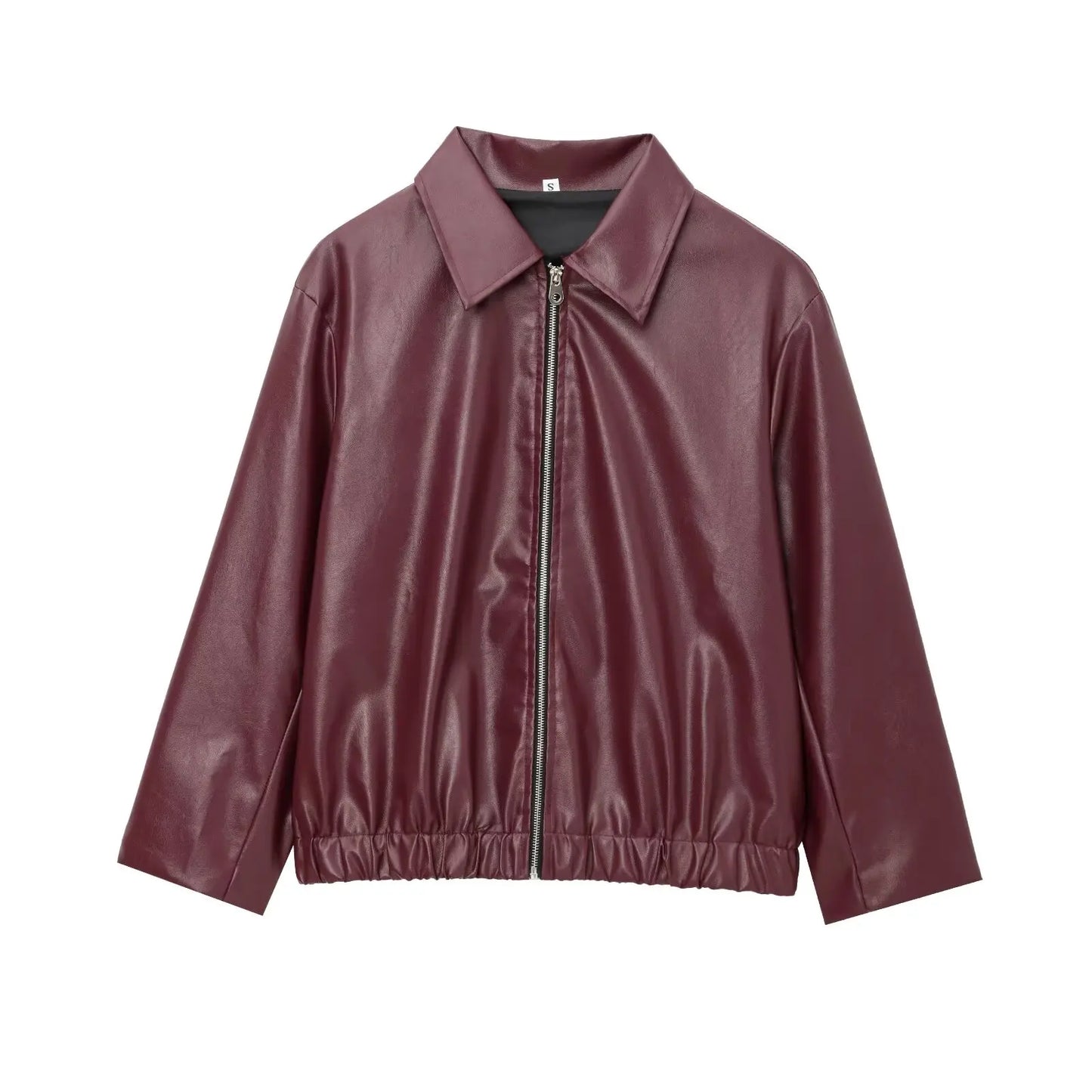 Wine Red Faux Leather Jacket – PU Lapel Zip-Up Coat for Autumn/Winter Streetwear