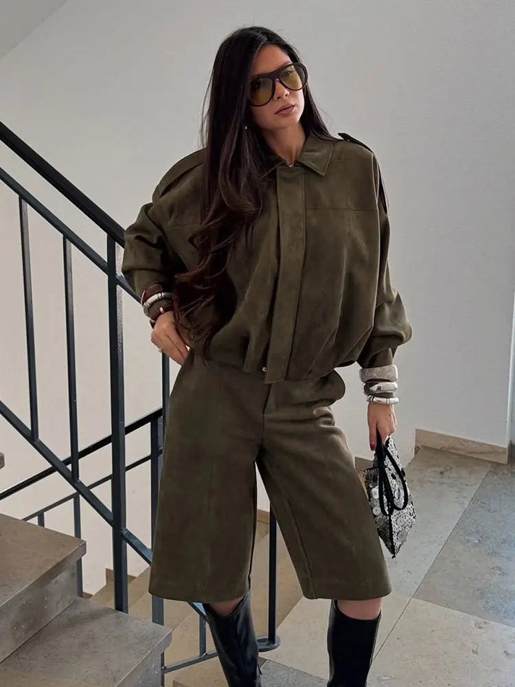 Suede Bomber Jacket – Brown/Green Lapel Zip Casual Motorcycle Coat for Women