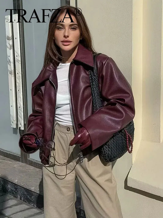 Wine Red Faux Leather Jacket – PU Lapel Zip-Up Coat for Autumn/Winter Streetwear
