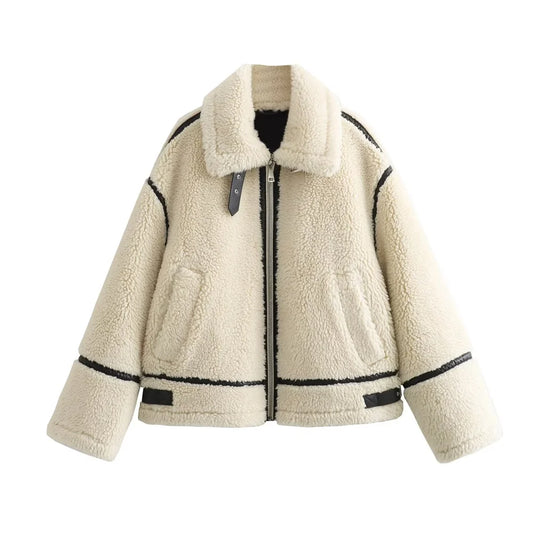 Faux Fur Motorcycle Jacket – Autumn European Style Women's Coat with Fur Details
