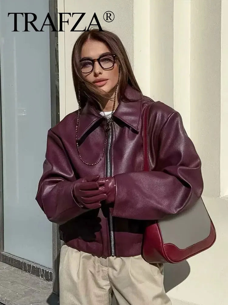 Wine Red Faux Leather Jacket – PU Lapel Zip-Up Coat for Autumn/Winter Streetwear